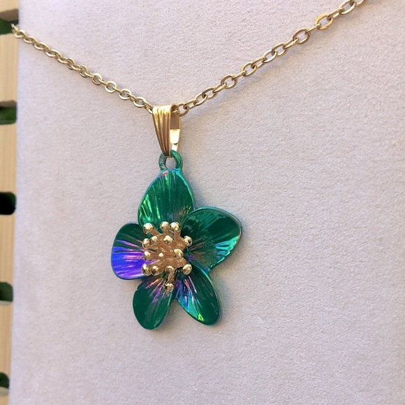 Iridescent Emerald Green, Blue + Gold Flower Drop Pendant Necklace - Picture 7 of 8